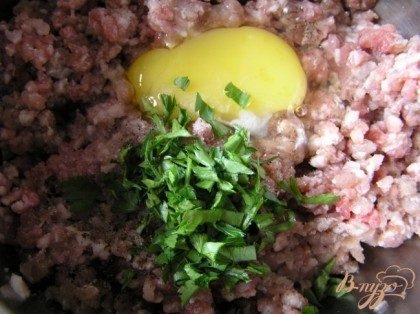 Фарш смешать с яйцом, рубленной зеленью, солью и перцем.
