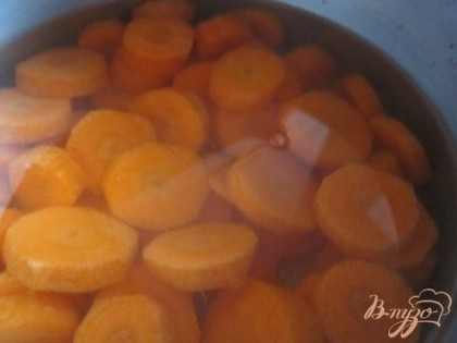 Морковь почистить и нарезать кружочками.Отварить в течении 15 мин. с небольшим добавлением соли и сахара.