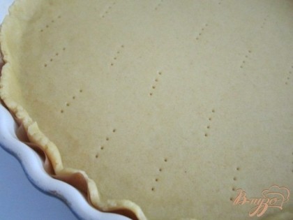 Берем тесто прямо с пекарской бумагой и аккуратно переносим в форму.Дно нужно наколоть вилкой.