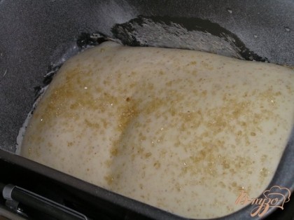 Включить хлебопечку, выбрать программу "Белый хлеб", вес 1500 г и средний цвет корочки. Нажать кнопку "Старт". За 40 минут до окончания приготовления посыпать хлеб коричневым сахаром.