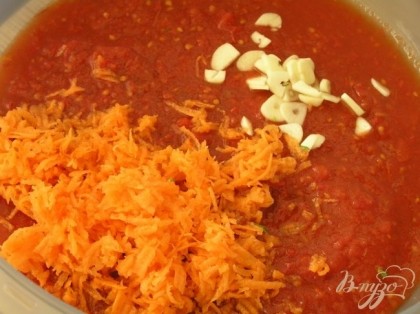 Натереть морковь. В чашу для супа влить томат, добавить морковь, мятный сироп, нарезанный чеснок, щепотку перца и соли.