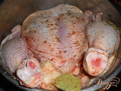 Курицу обтереть специями с солью и оставить промариноваться на 35 минут.