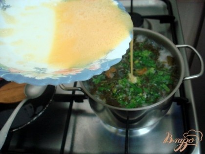 В суп добавить Щавель и когда он закипит тонкой струйкой влить взбитые яйца, всё время мешая суп.Посолить, поперчить.