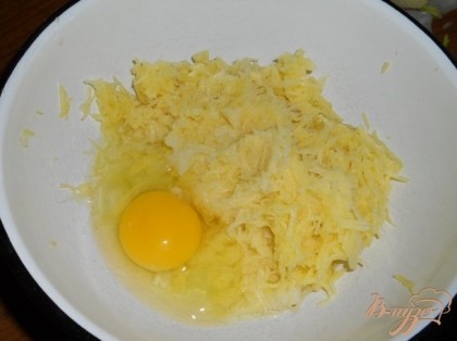 Картофель очистить и натереть на терке (я терла на средней). Также натереть лук. Добавить яйцо, соль.