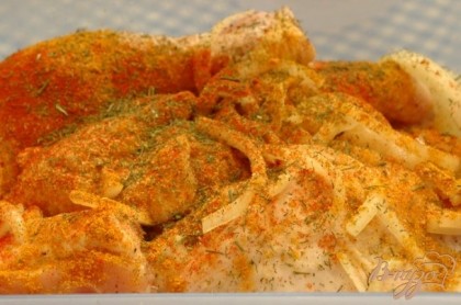  Сложить курицу в лоток, добавить тонко нарезанный лук, кефир, паприку,немного сушеного укропа.