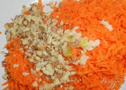 Чеснок почистить и измельчить прямо в морковь, при помощи чесночницы. Очищенные грецкие орехи измельчить при помощи блендера в мелкую крошку и переложить к моркови.