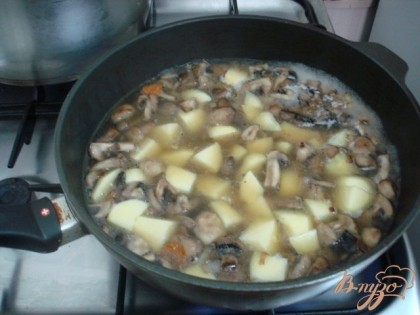 Добавить горячий бульон, так, чтобы бульон покрыл полностью картофель, варить до готовности.