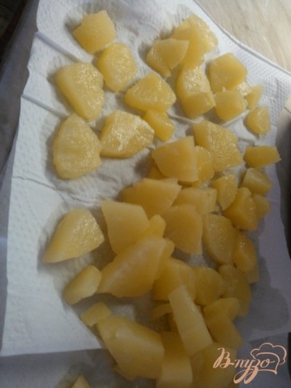 Ананасы (у меня были кружками) порезать на мелкие куски и промокнуть салфеткой.Сок ананасов немного подогреть.
