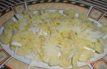 Картофель очистить и нарезать маленькими кусочками, выложить слоем на блюдо. Сверху порезанный тонкими полукольцами и промытый холодной водой лук.