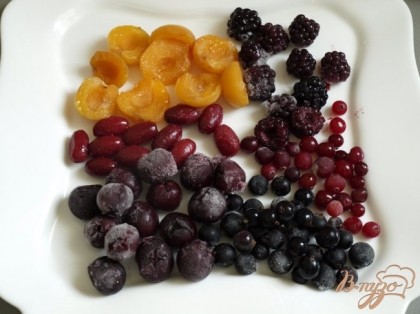 Подготовить ассортимент фруктов и ягод(у меня замороженные ежевика, чёрная смородина, абрикосы, кизил, клюква, вишня и кусочки лимона ).