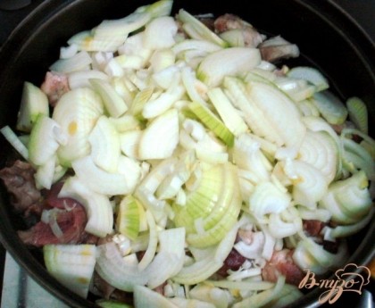 На хорошо разогретую сковороду с растительным маслом, выложить мясо, на него лук.Мясо начнёт слегка румяниться.
