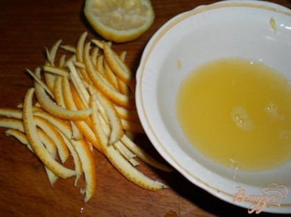 Цедру апельсина обдать кипятком и порезать тонкой соломкой. Выдавить сок из апельсина и лимона, смешать.