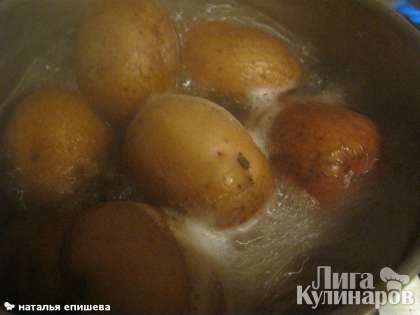 Картофель промыть и отварить в мундире. Варить в подсоленной воде до готовности.