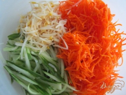 В салатник уложить морковь, свежий огурчик, ростки сои.