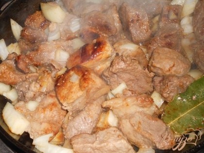 Мясо нарезать на кусочки, добавить лук и лавровый лист, посолить и добавить специи.