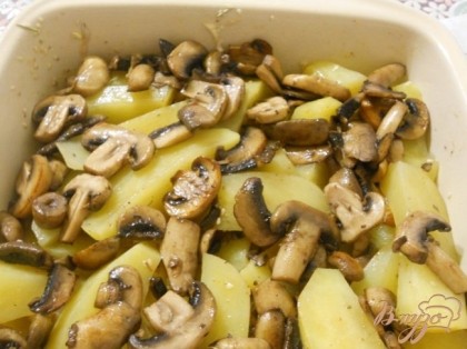 Картошку перетереть заправкой и добавить грибы, перемешать, ставим в духовку и печем до готовности при температуре около 230 градусов.