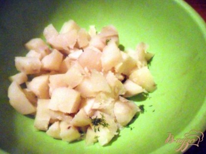 Картофель промыть, залить кипящей водой и отварить в мундире. Готовый картофель немного охладить, очистиь. Если он мелкий, то разрезать на 2 части. У меня получилось на 3 - 4 части.