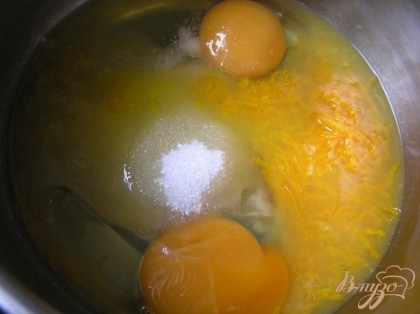 Снять с апельсина цедру, выжать сок, добавить яйца, сахар и ванилин, взбить миксером.