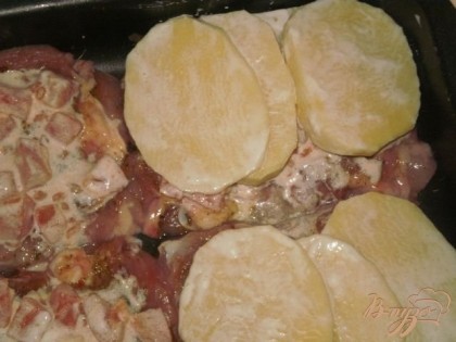 Кружочки картофеля выкладываем сверху на каждый кусочек мяса.
