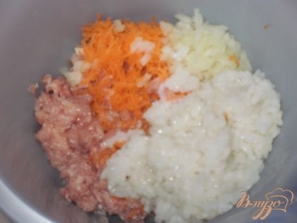 Перемешиваем морковь, лук, фарш и отварной рис, солим, перчим по вкусу.