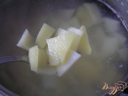 В кипящий бульон (воду) опустить нарезанный картофель, варить 10 минут.