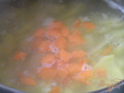Картофель очистить, опустить в кипящую воду, через 10 минут добавить нарезанную морковь,