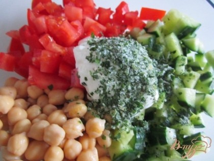 В салатнике смешать все овощи со сметаной и зеленью кинзы, посолить по вкусу.