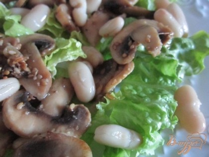 На каждую тарелку (порций выходит 2) выложить листики салата, фасоль ,грибы и ломтики маринованного огурца. Зелень по вкусу и желанию.