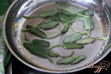 На горячей сковороде, на оливковом масле поджарить листики шалфея по 20-30 сек. Вынуть поджареные листики на кухонную салфетку.