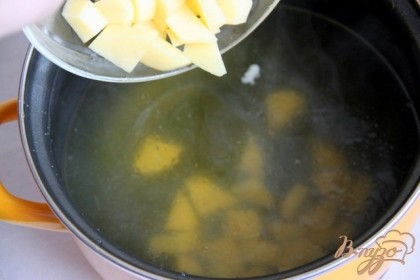 В кипящий бульон добавить картофель и варить до готовности.