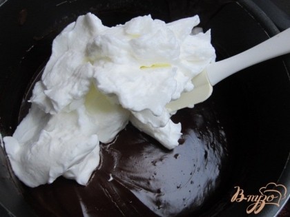 Отдельно взбить в крепкую пену охлажденные белки с щепоткой соли.Выложить в шоколадную массу.