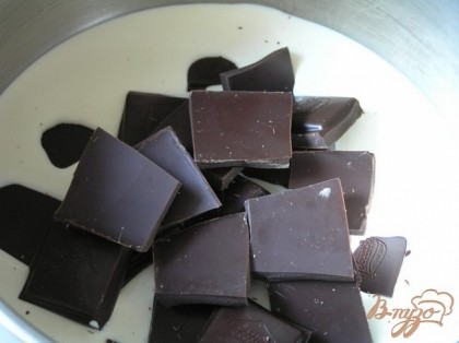 В сливки добавить поломанный на кусочки шоколад,