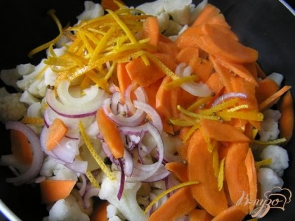 В сотейник с толстым дном выложить капусту, морковь, лук и цедру.