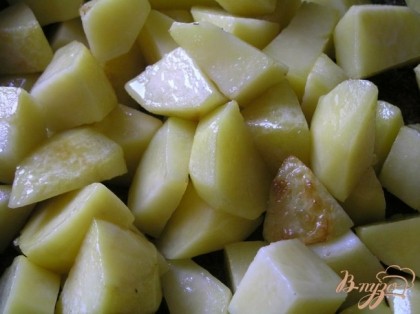 Картофель очистить, нарезать кусочками, обжарить на растительном масле до полуготовности. Выложить в горшочек, посолить. Добавить немного воды или бульона.