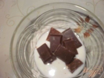 Готовим соус: шоколад (я использовала молочный шоколад с орехами)ломаем на кусочки, заливаем сливками варим на водяной бане не доводя до кипения.