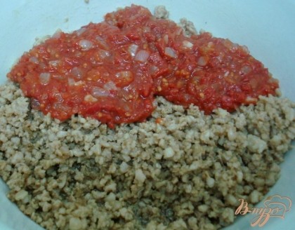 Соединяем фарш и половину томатной массы, заправляем солью, перцем.