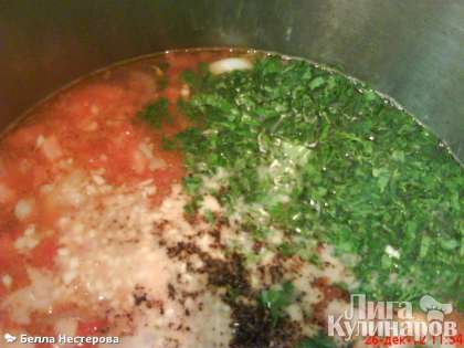 Забрасываем мелко порубленную зелень, чеснок, перчим, солим по-вкусу. Варим суп еще мин. 5
