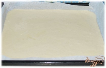 Готовое тесто выливаем на противень, застелеленный пекарской бумагой и ставим в духовку нагретую до 200 градусов на 20 минут.
