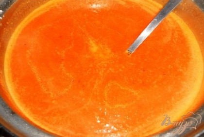 Добавить к моркови и луку в кастрюле  воду, томаты, посолить и поперчить, добавить оставшуюся муку и все пропустить через блендер, довести до кипения и проварить пару минут.