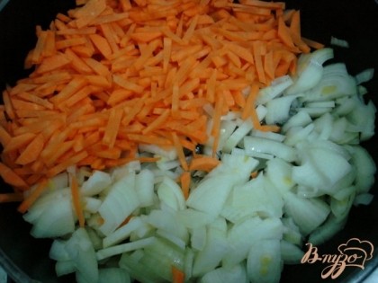 Лук и морковь поджарить на растительном масле до мягкости.