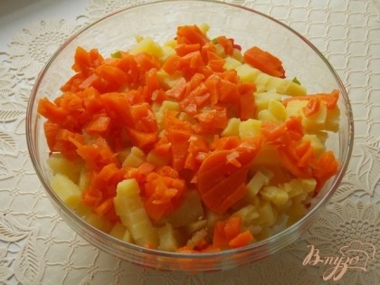 Морковь и картофель кубиками.