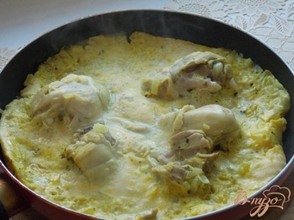 Залить курицу с луком взбитыми яйцами и закрыть крышкой. Готовить минут 10.