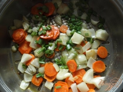 На сковороде разогреваем оливковое масло и пассеруем до прозрачности лук и морковь.Добавляем мелко нарезанный зелёный лук.