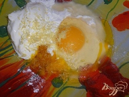 В тарелку вбить яйцо, натереть цедру с лимона и выдавить сок, добавить сахар и масло,добавить сметану и разрыхлитель.