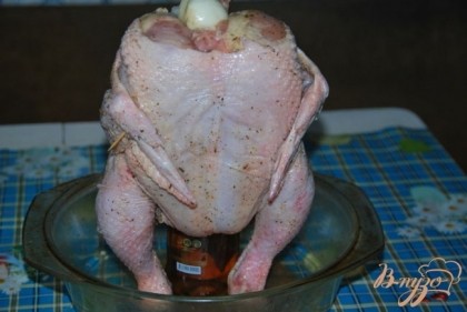 Сажаем курицу на баночку с пивом и ставим на блюдо, форму, в которой бедем запекать.Ставим в духовку на 200 градусов на 70 минут. На гарнир отвариваем картофель, за 10 минут до готовности выкладываем картофель под курицу.