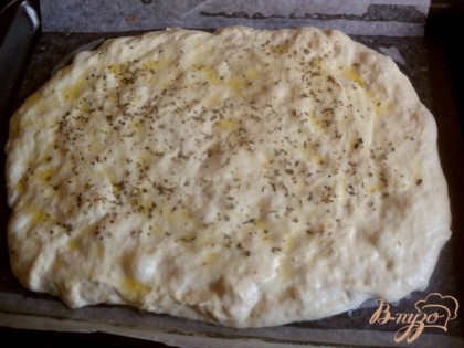 Противень застелить бумагой для выпечки, смазать маслом. Выложить тесто, разровнять смоченными маслом руками в пласт толщиной 1-1.5см. Смазать сверху оливковым маслом, посыпать сушеным орегано.