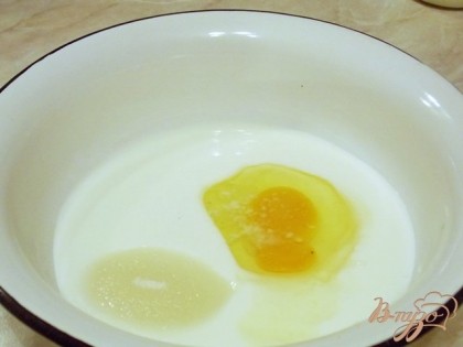 В миске соединяем кефир, яйцо, сахар, соль и соду.