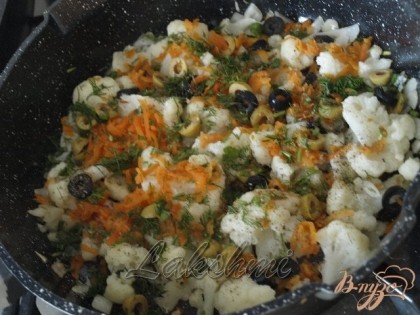 В сковороде разогреть растительное масло,поджарить немного лук,добавить цветную капусту,обжарить вместе.