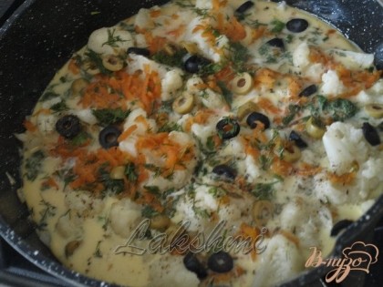 Яйца взбить венчиком,добавить молоко и соль.К капусте добавить морковь,оливки и маслины,поперчить и посыпать итальянскими травами и укропом.Залить яично-молочной смесью и накрыть крышкой,пока яйца хорошо схватятся.