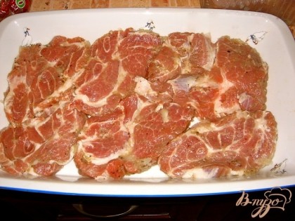 Мясо кладем на блюдо для запекания, сверху смазать сметаной или майонезом.